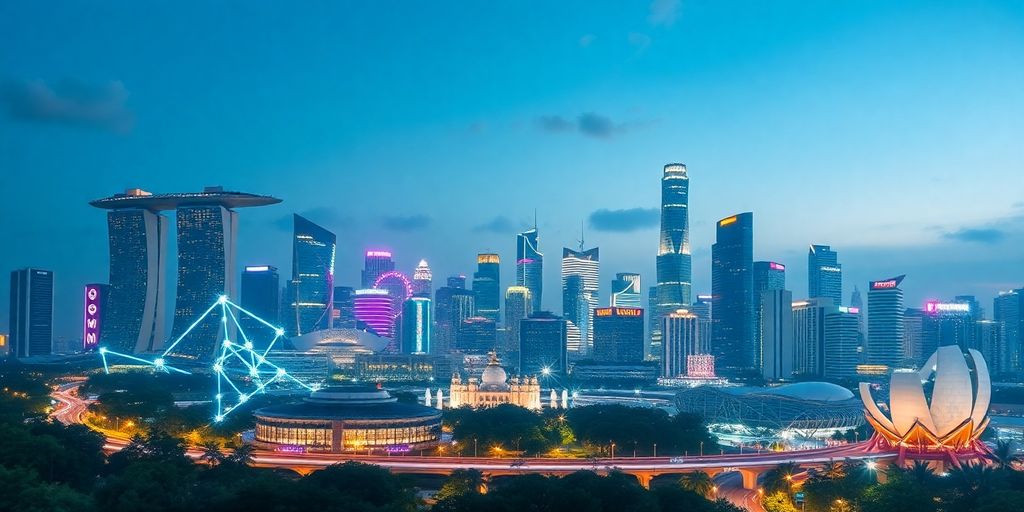 Night skyline of Singapore with modern skyscrapers and greenery.