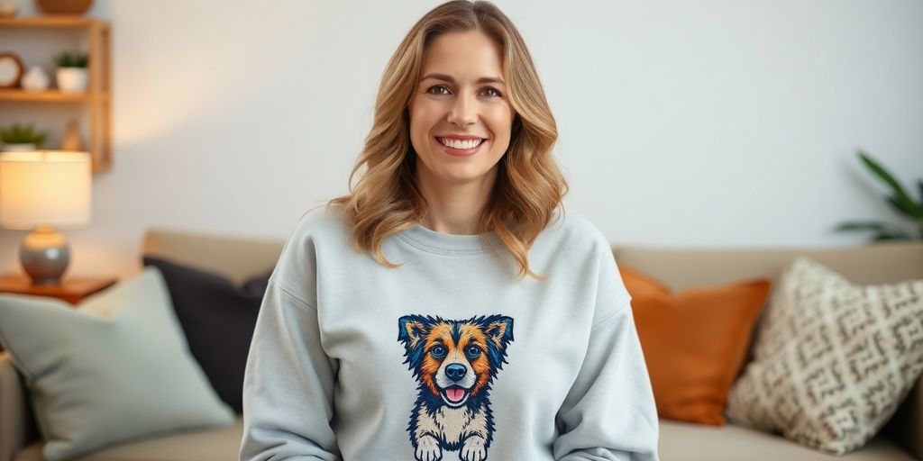 Woman in custom pet sweatshirt smiling in cozy living room.