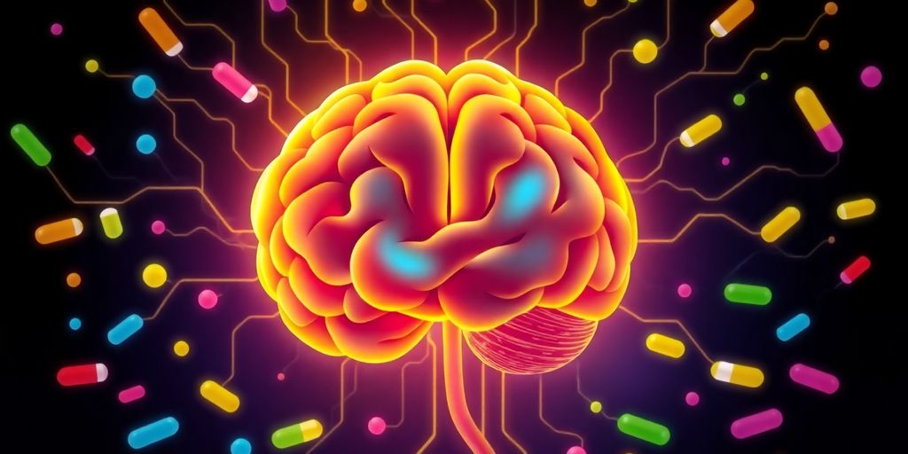 Brain with glowing connections and scattered pills.