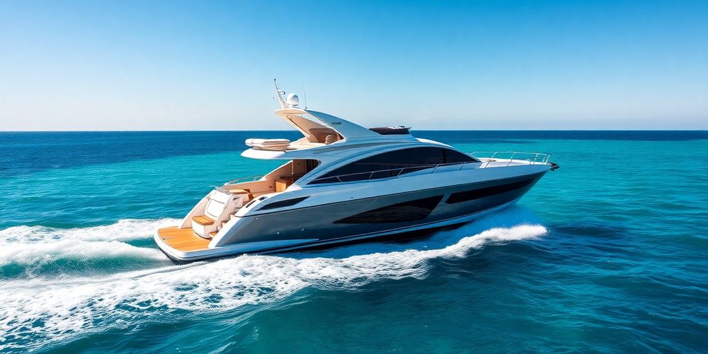 Luxury Sunseeker yacht sailing on blue ocean waves.
