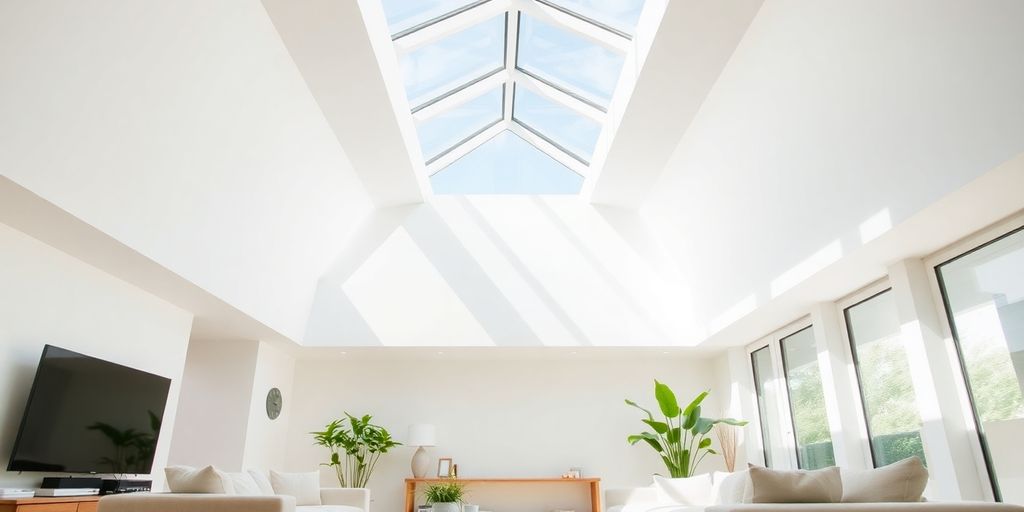Bright room, sunlit interior, large roof lantern.