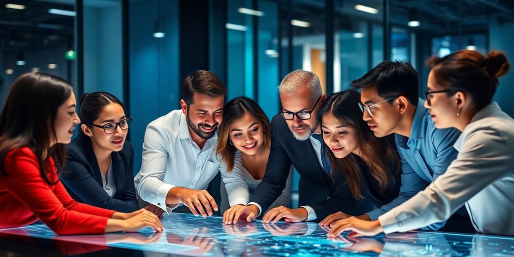 Diverse team collaborating on blockchain technology in office.
