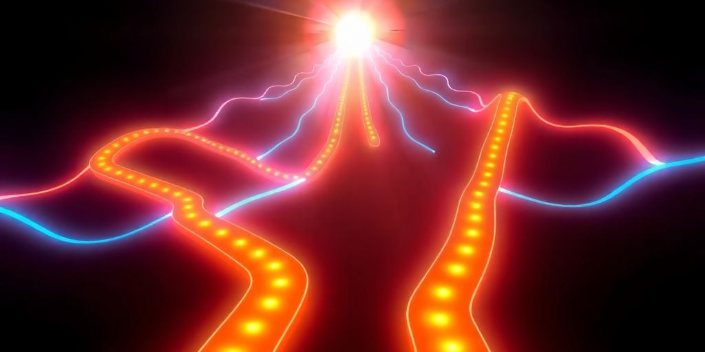 Illuminated pathways narrowing to a bright destination.