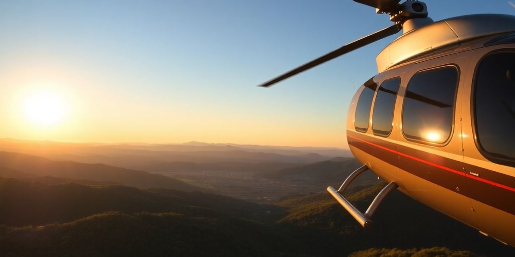 A helicopter flying over the Blue Ridge Mountains at sunset.