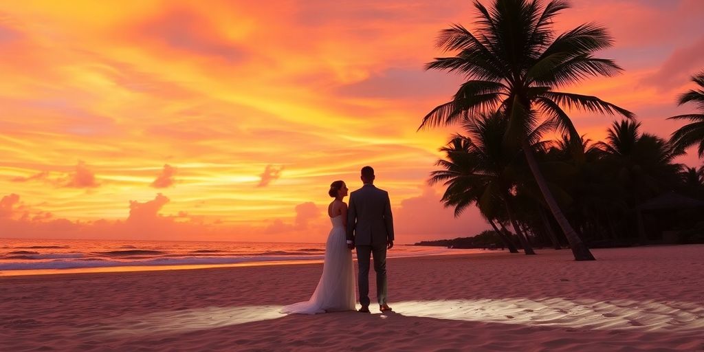 Couple exchanging vows on a beach at sunset.