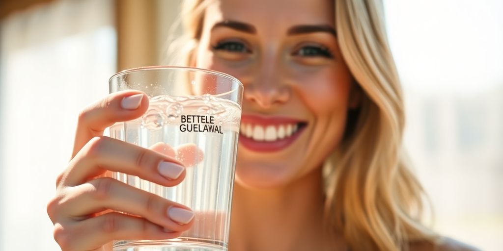 Woman drinking water, looking energized.