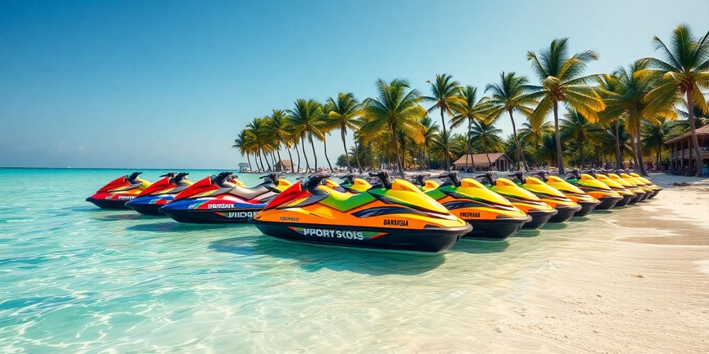 Jet skis lined up on a sunny Florida beach.