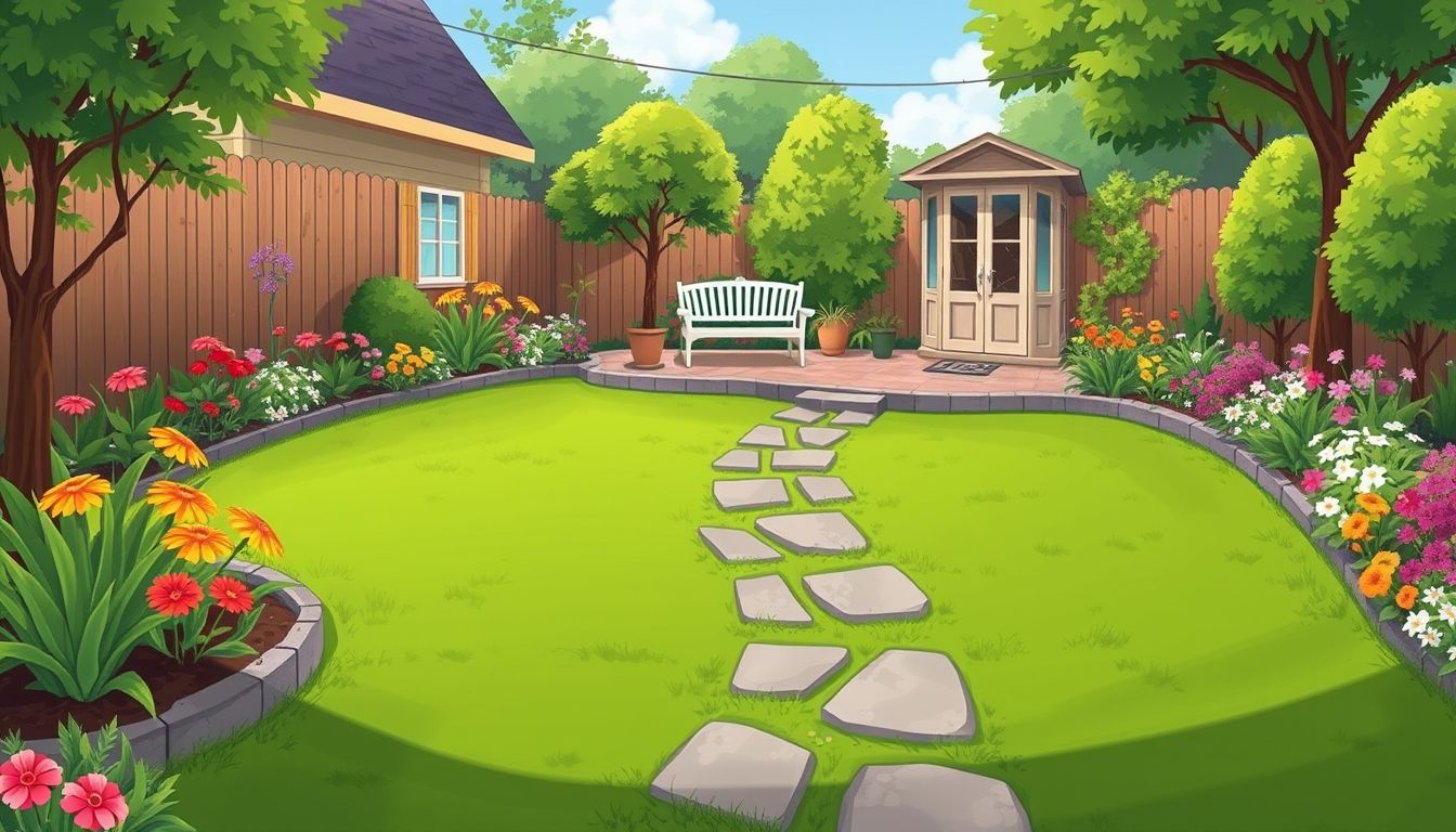 Illustrative backyard with grass, flowers, and stone pathway.