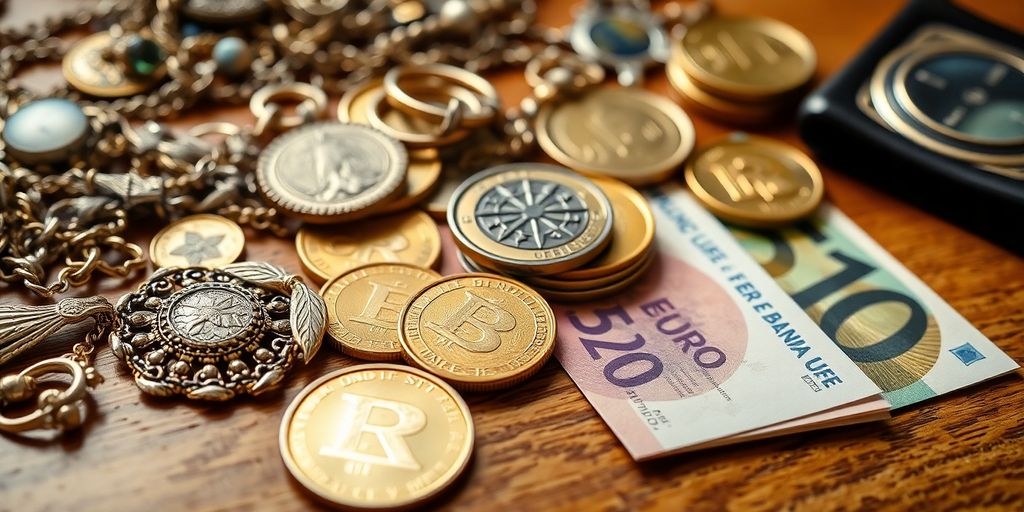 Bijoux, pièces de monnaie, et billets sur une table en bois.