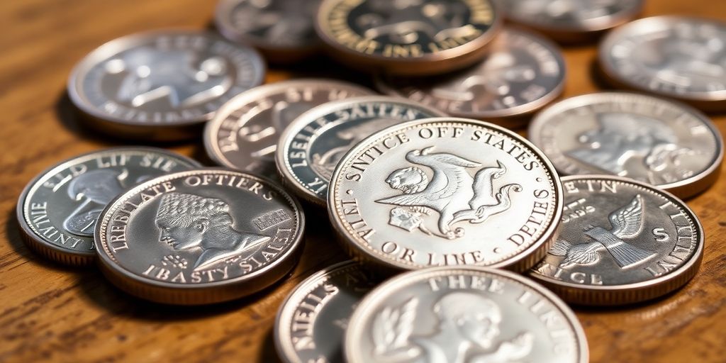 Close-up of shiny coins on a wooden surface.