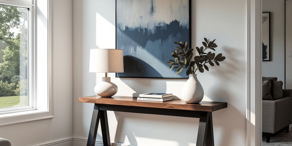 A modern interior with a console table and artwork.