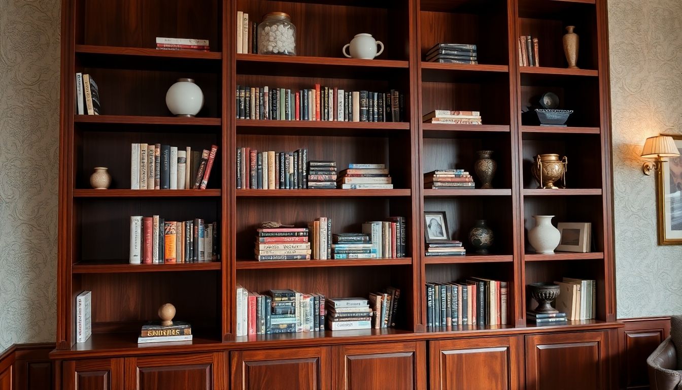 Realistic wooden shelving unit with books and decor.