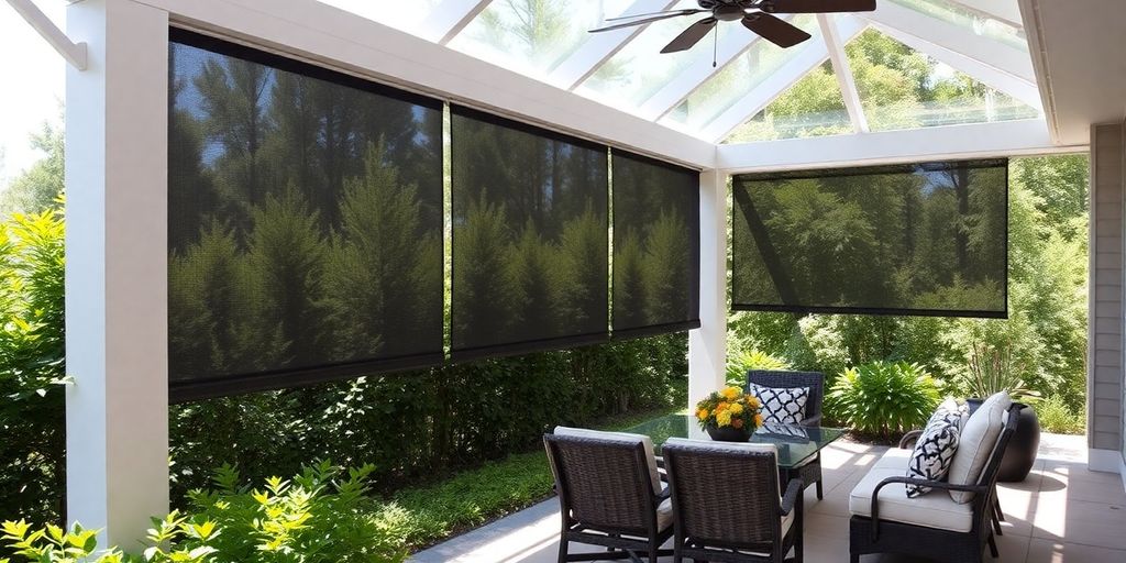 Patio with roll-up screen enhancing outdoor space.