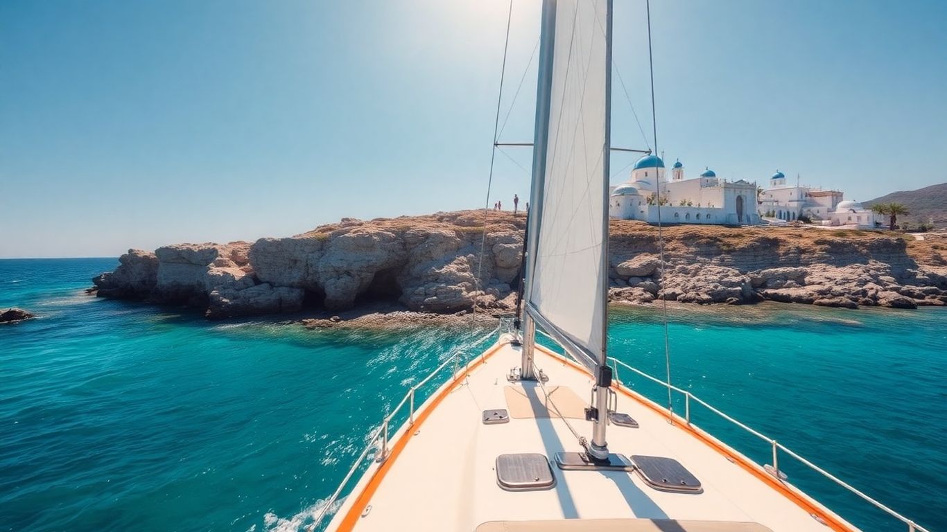 Sailboat near Greek island with blue roofs and sea