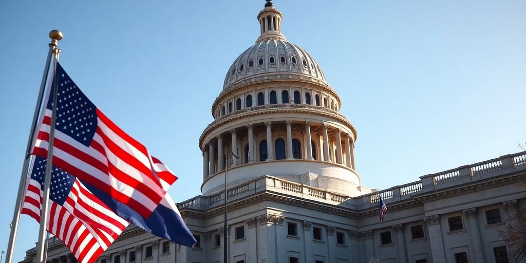 Dome, flags, and architecture of a US capitol building.