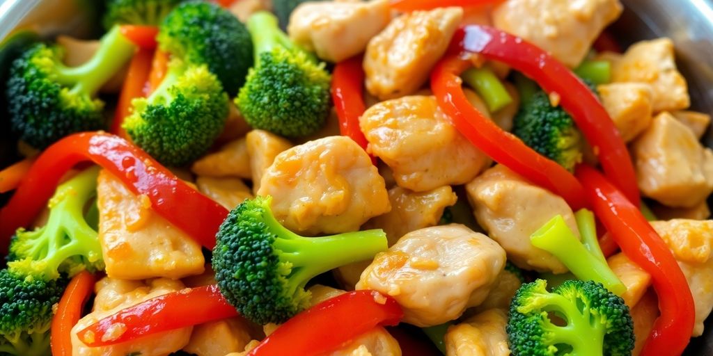 Colorful stir-fry with chicken and low-FODMAP vegetables.