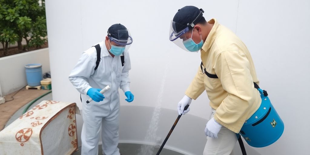 فريق تنظيف خزانات في الطائف مع معداتهم في العمل