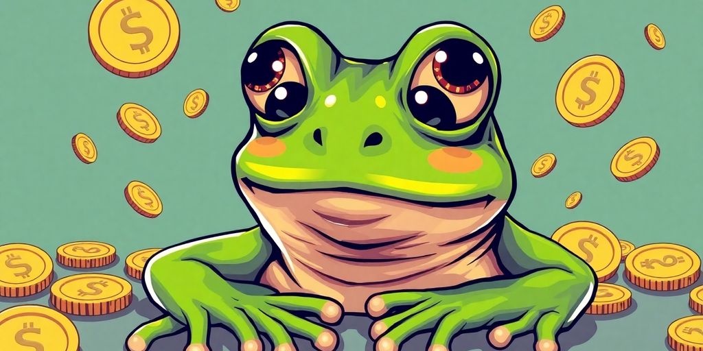 Pepe the Frog surrounded by various meme coins.