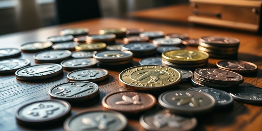Close-up of assorted coins on a wooden table.