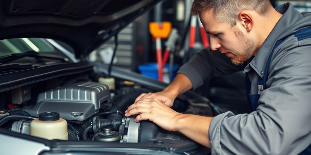 Mechaniker überprüft einen Gebrauchtwagen unter der Motorhaube.