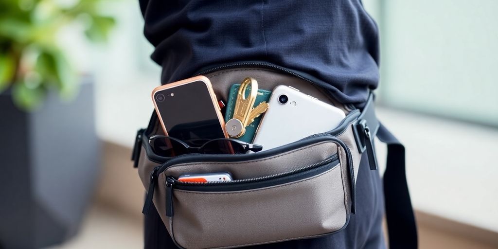 Sac banane stylé avec des objets essentiels rangés à l'intérieur.