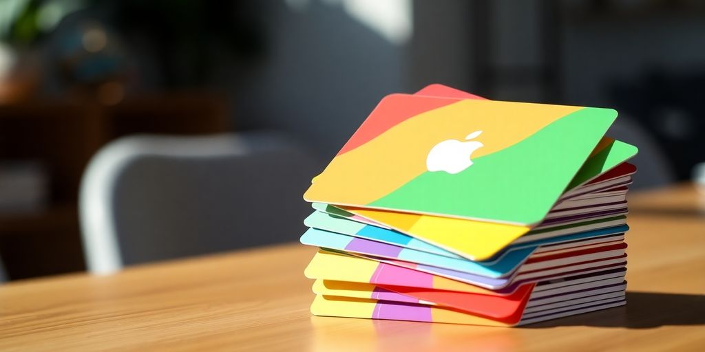 Stack of colorful Apple gift cards on a table.