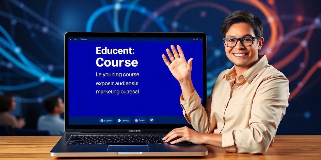 Educator with laptop, amplifying online course reach.