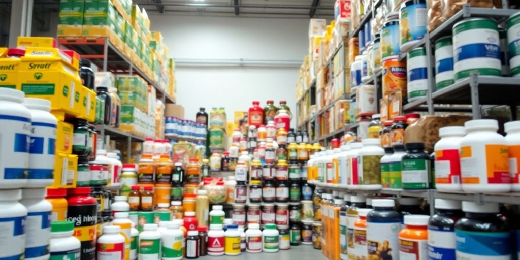 Suplementos em embalagens, dispostos em grande quantidade.