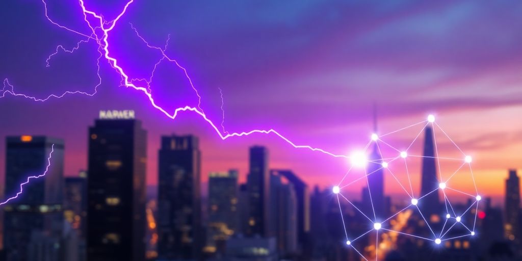 Lightning striking blockchain with interconnected nodes.