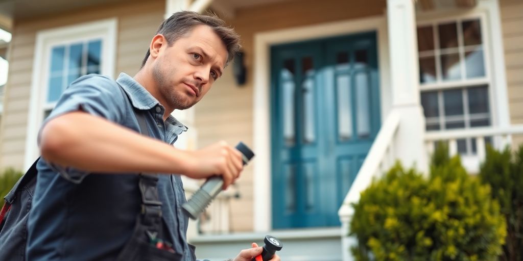 Technician inspecting a house for repairs.