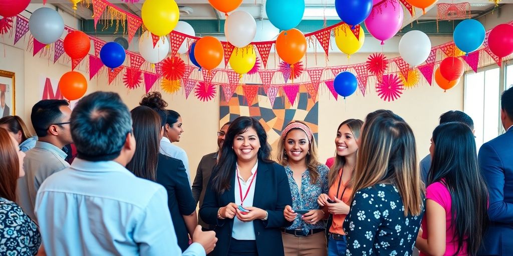 A lively party with professionals networking and celebrating.