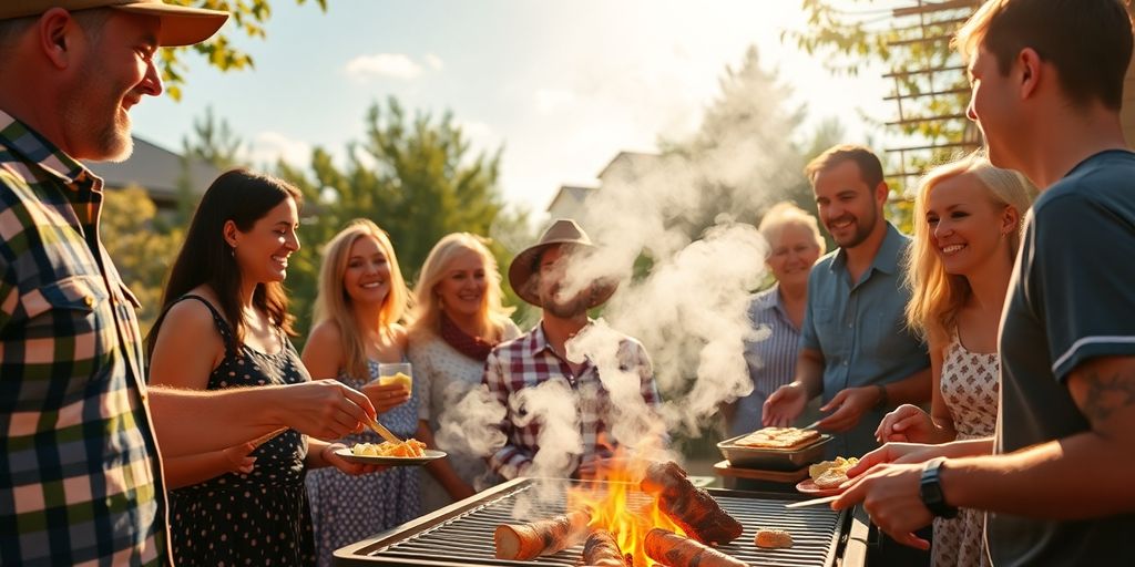 Famille souriante profitant d'un barbecue estival en plein air.