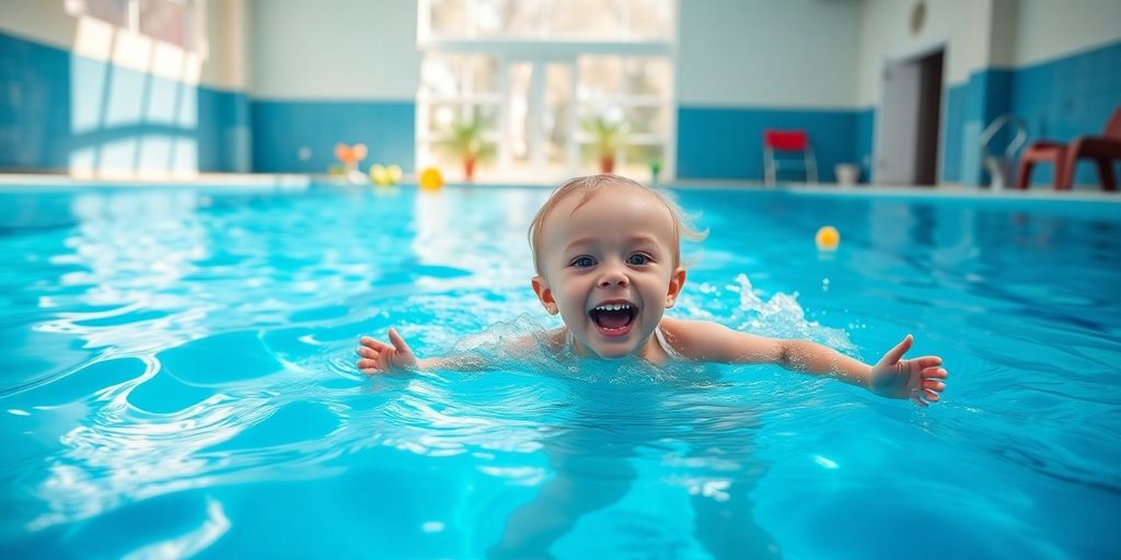 Happy child splashing in a bright blue indoor pool.