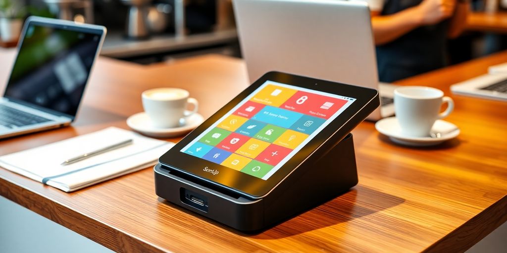 SumUp POS device on a café counter with coffee.
