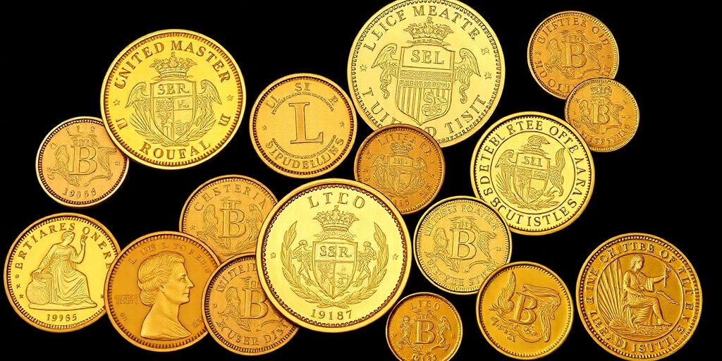 Collection de pièces d'or historiques sur fond en velours.