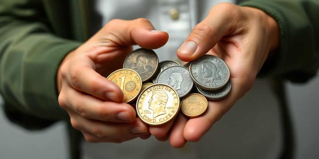 Collector examining rare coins with detailed textures.