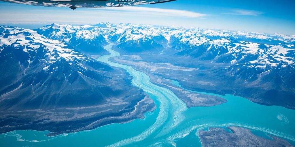 A seaplane soars over Alaskan glaciers and snow-capped mountains.