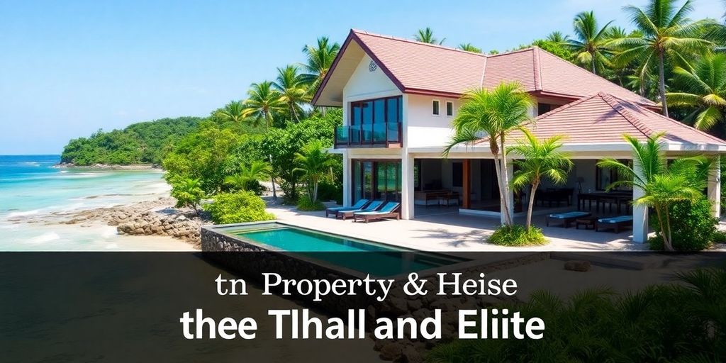 Luxury villa in Thailand with pool and greenery.