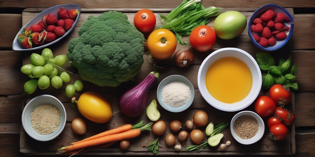 healthy food ingredients on a rustic table