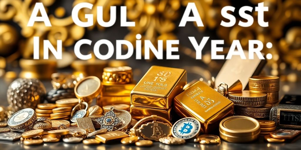 Golden coins and diverse assets on a vibrant background.