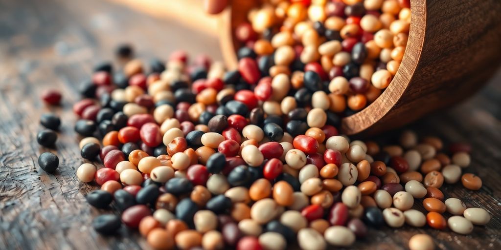 Assorted red, black, white, and pinto beans in wooden bowl.
