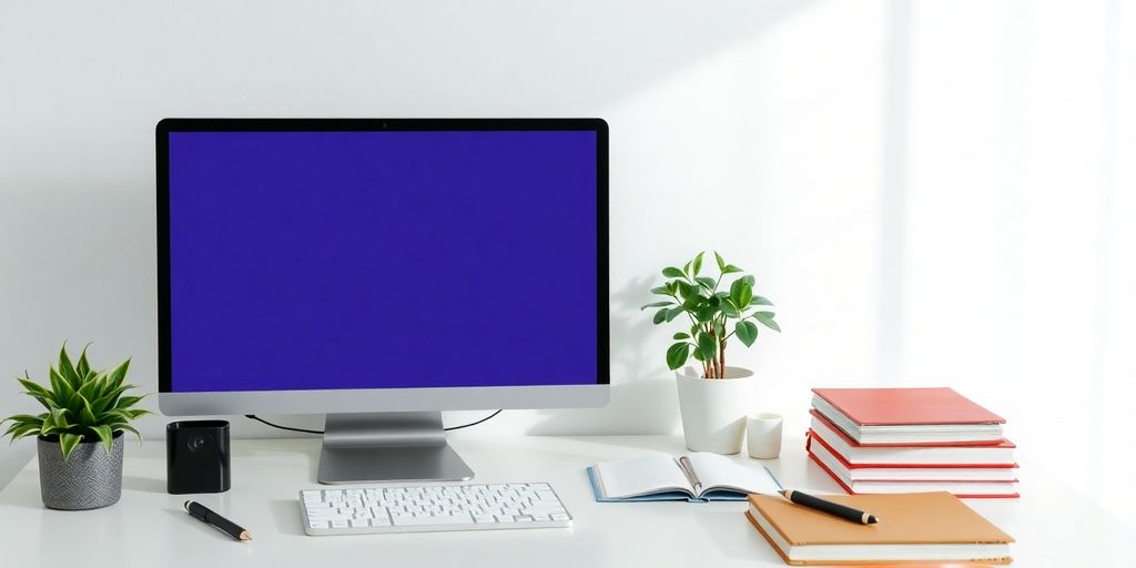 Organized workspace with computer and plant for productivity.