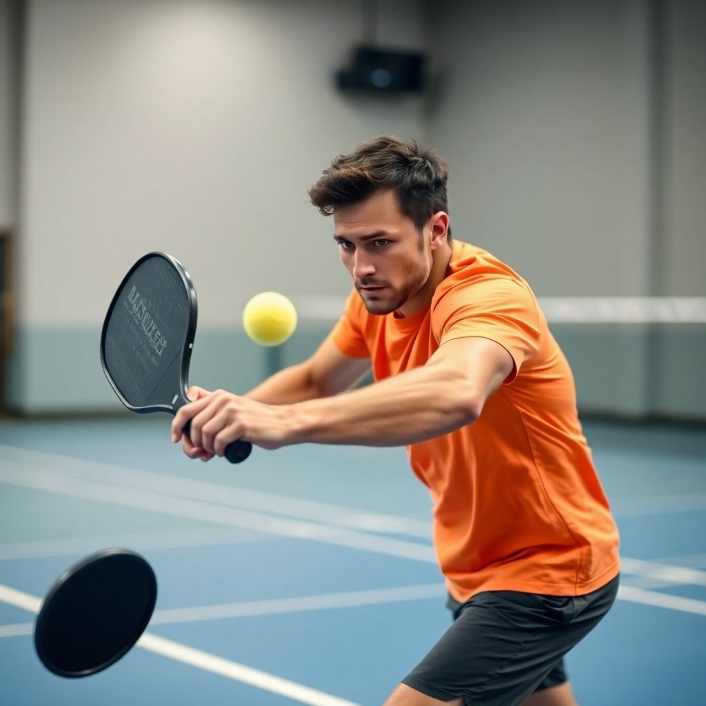 Player lunging for pickleball on indoor court.