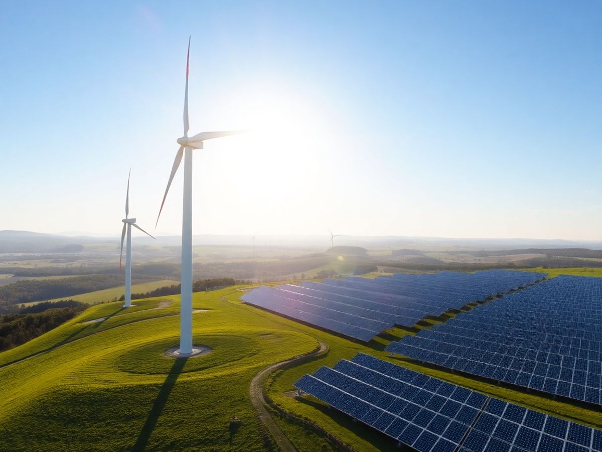 Turbine eoliene la apus, panouri solare pe un deal verde.