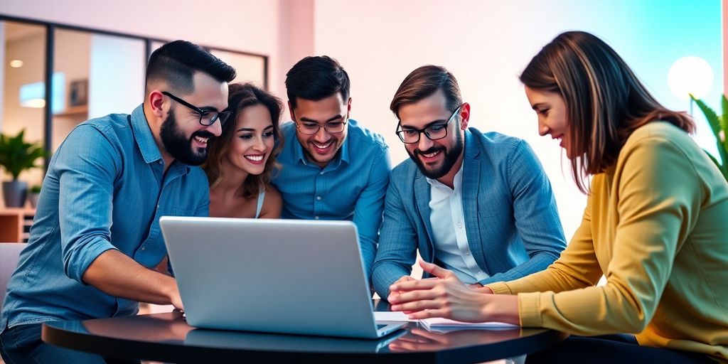 Equipe trabalhando em marketing digital para captar leads.