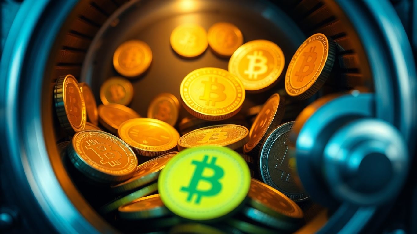 Digital currency coins flowing into a secure vault.