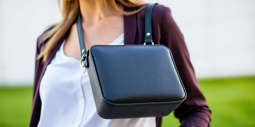 Femme portant une sacoche bandoulière avec une tenue décontractée.