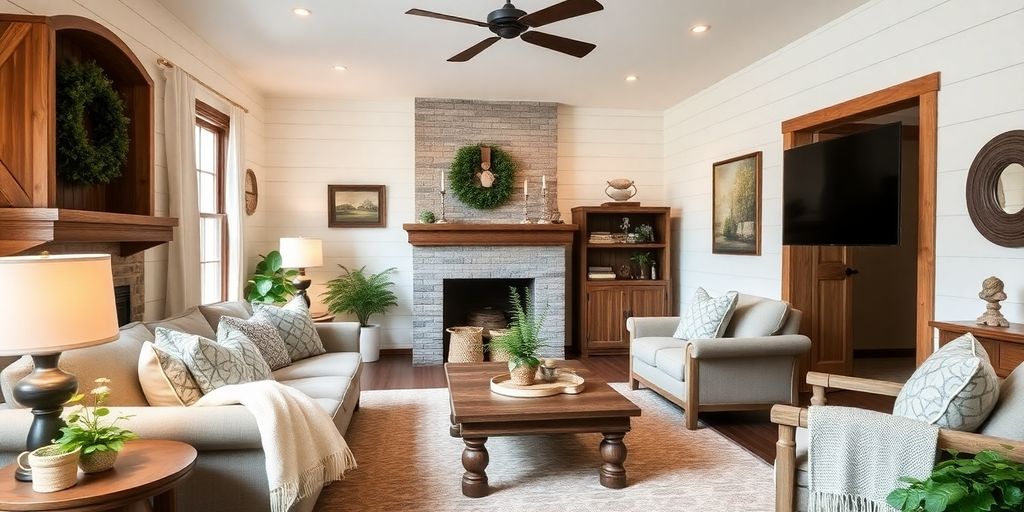 Cozy living room with shiplap walls and rustic decor.