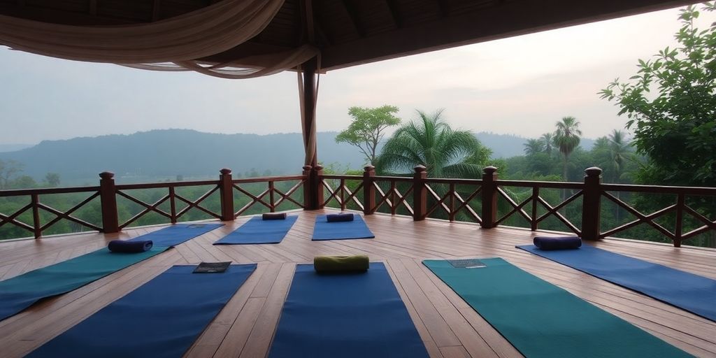 Yoga mats arranged in a serene natural setting.