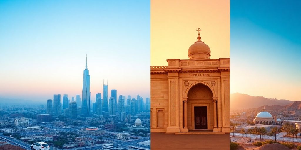 Saudi Arabia landmarks: ancient sites and modern cityscapes.